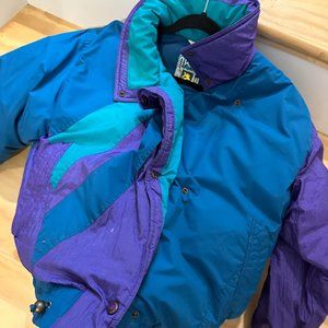 Womans Vintage Purple Aqua Blue Ski Gear Goose Down Puffer Nylon Jacket Medium